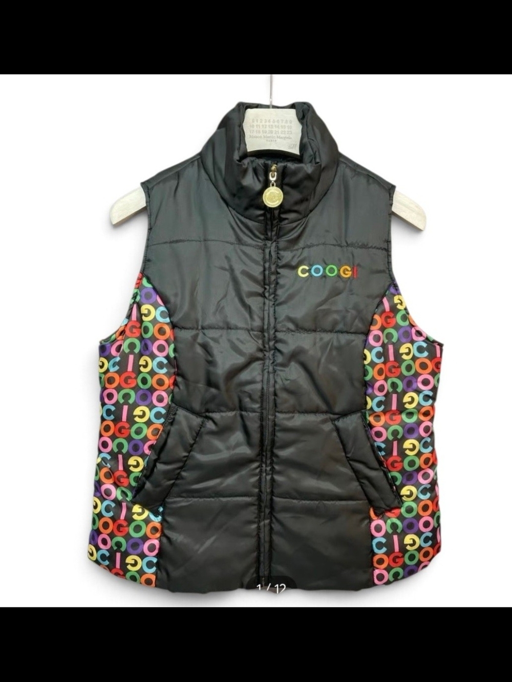 COOGI Black Puffer Vest with Multicolor Logo Panels L Outerwear Designer
